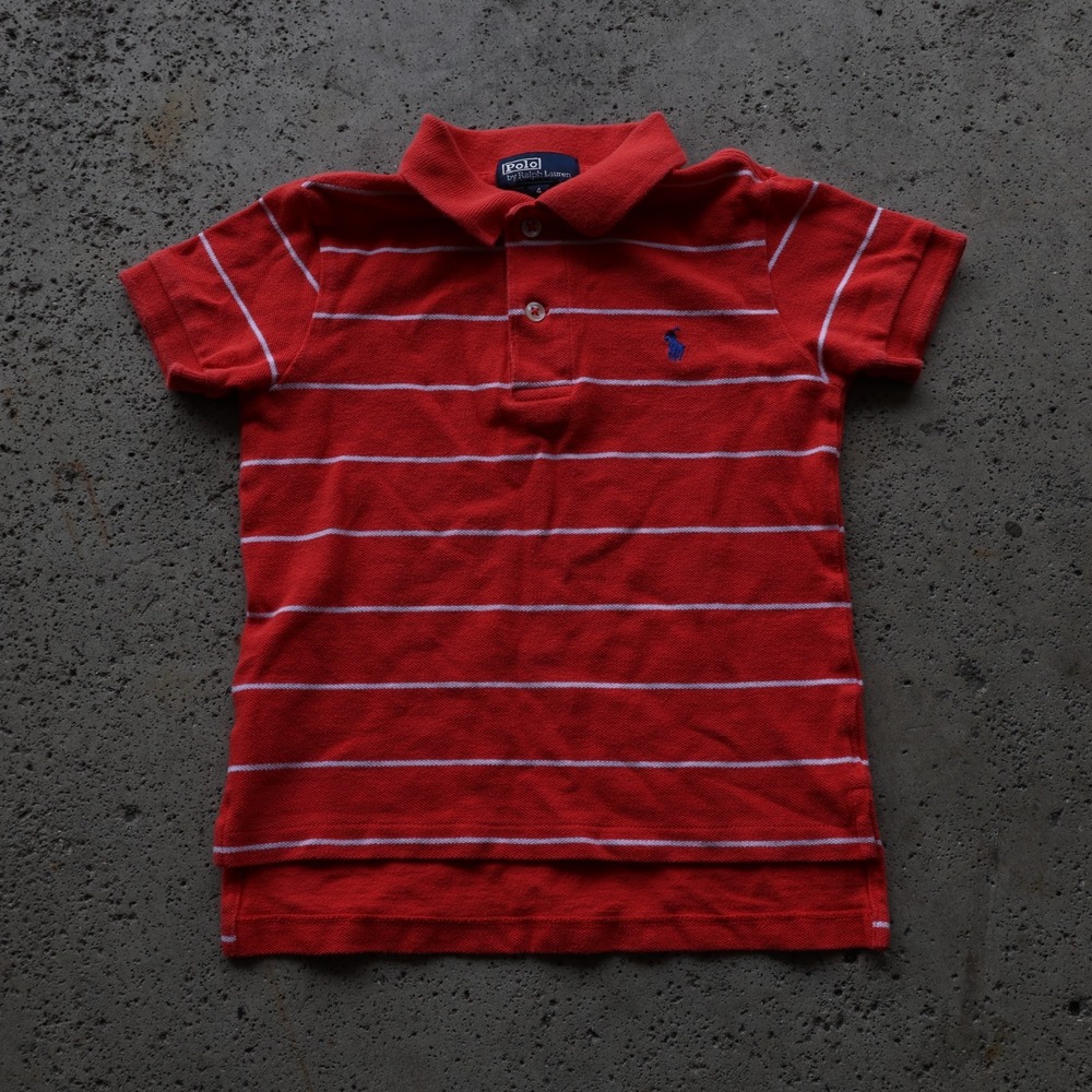 Polo Ralph Lauren Boys Size 4 Striped Polo Shirt Red White Pique Short Sleeve